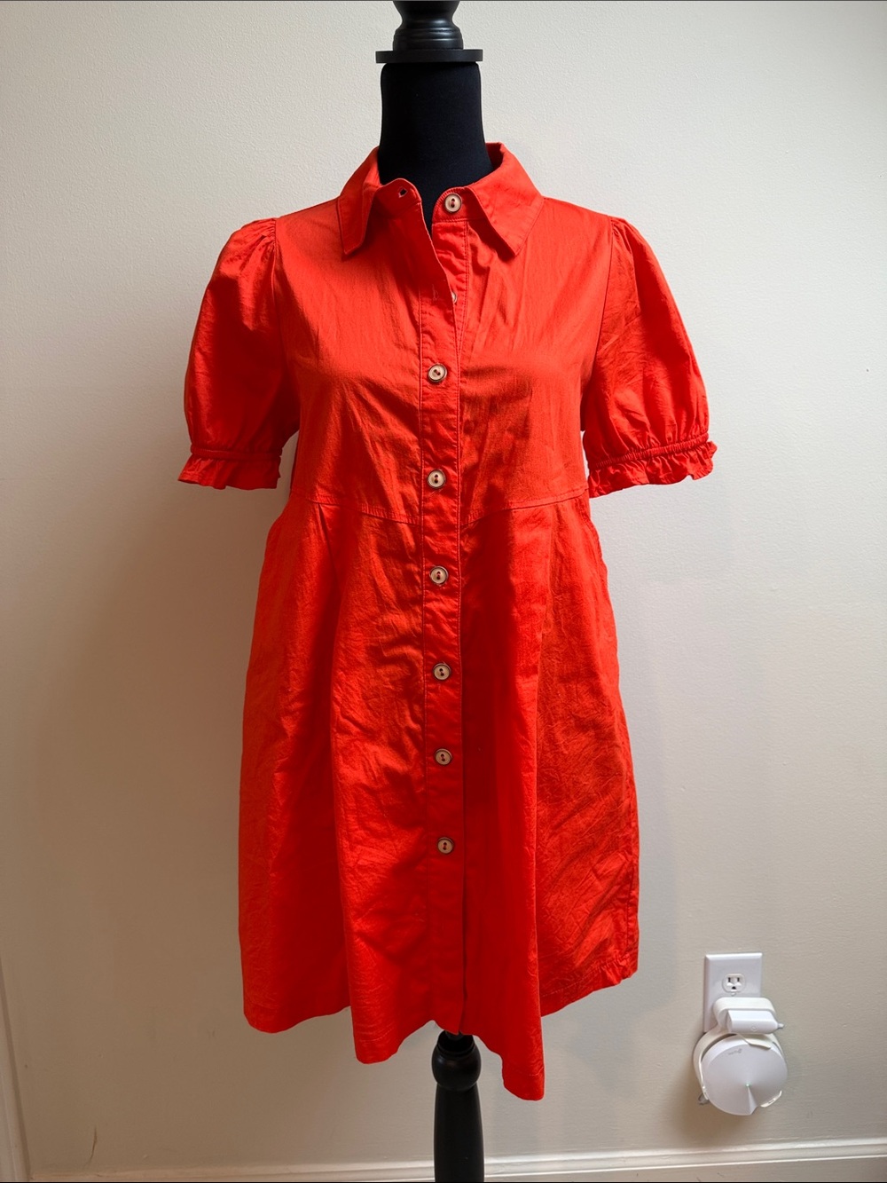 Ces Femme Coral Orange Button-Front Puff Sleeve Mini Dress